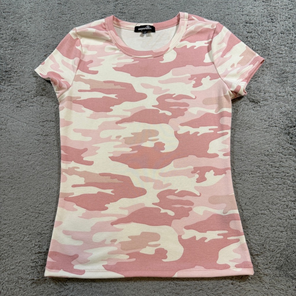 Sugarkiss Womens Pink Camo Short Sleeve T-Shirt Size M Camouflage Stretch Tee